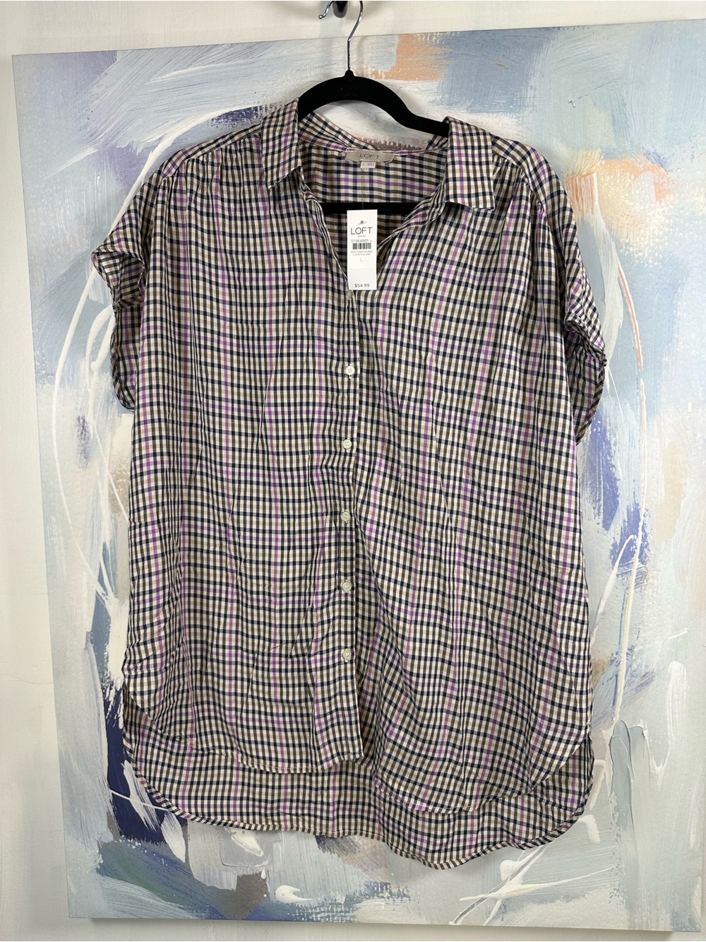 LOFT Purple Navy Plaid Button Front Blouse Relaxed Fit Top Large L Short Sleeve